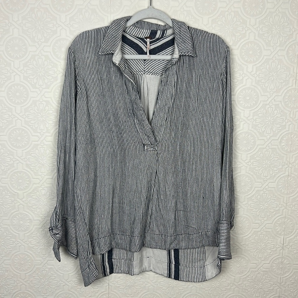 Free People Double Layer Rayon Pull Over Tunic Shirt Long Sleeve Coastal‎ Stripe